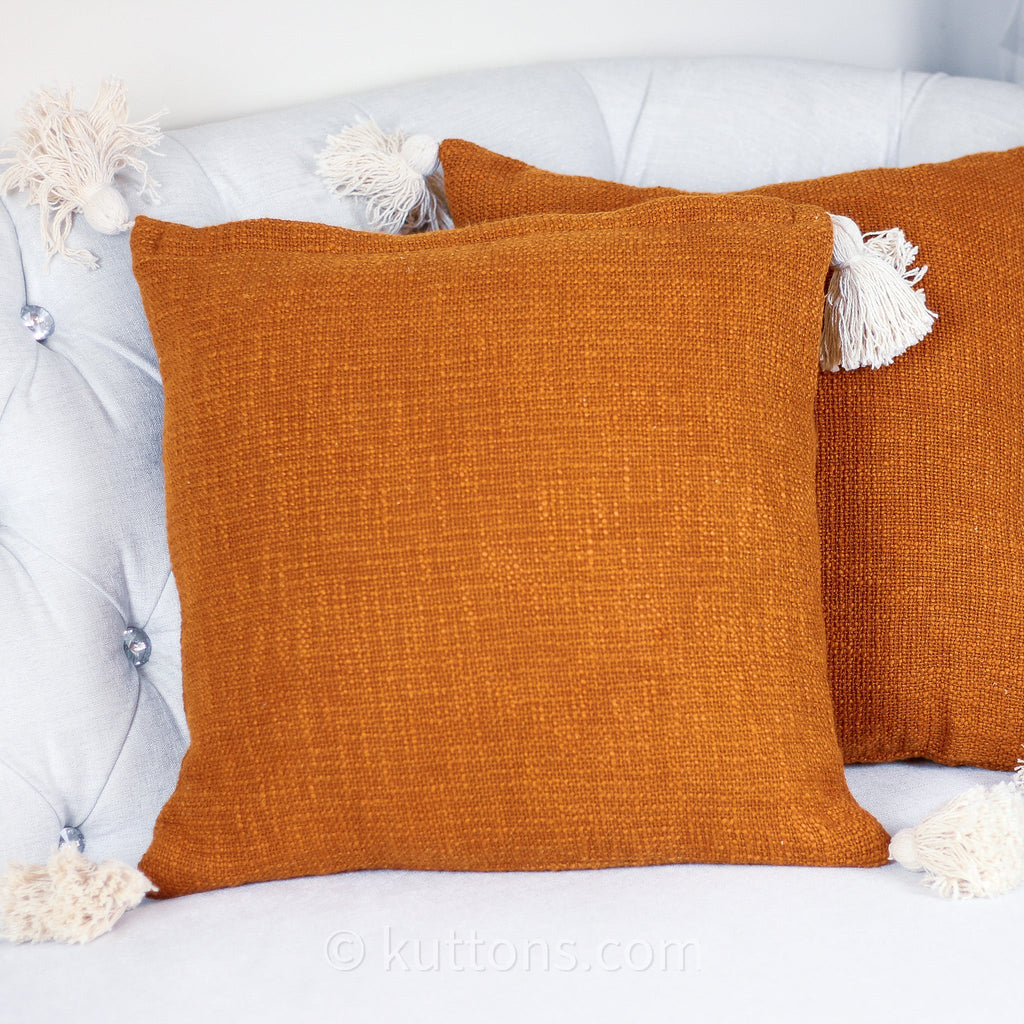 Hand Woven Solid Textured Cotton Throw Pillow Cover With Decorative Corner Tassels Rusted Orange 18x18