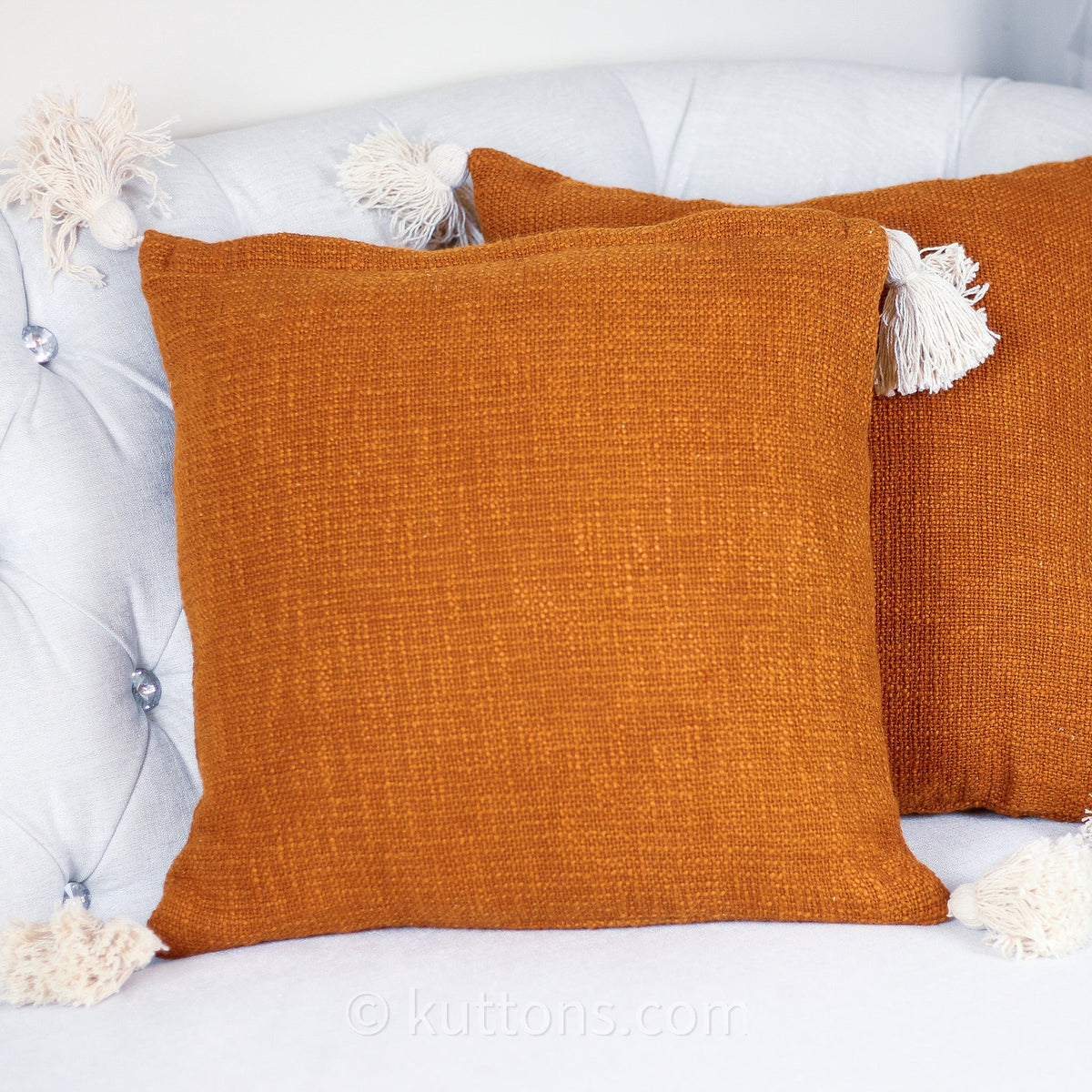 Hand Woven Solid Textured Cotton Throw Pillow Cover With Decorative Corner Tassels Rusted Orange 18x18