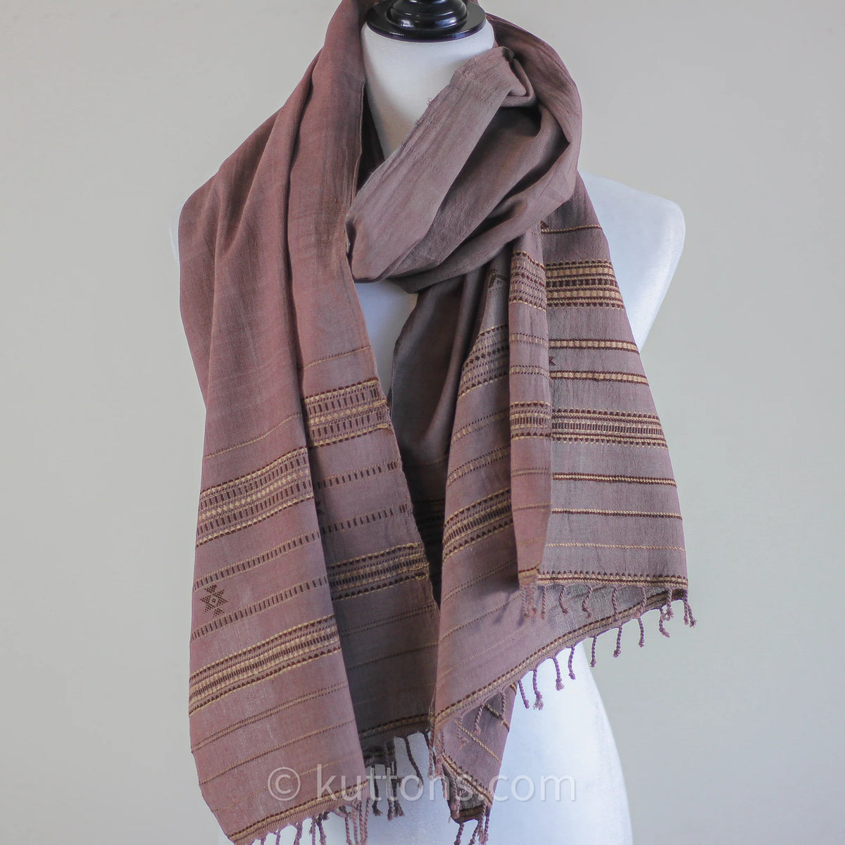 Handwoven Organic Kala Cotton Scarf Wrap with Tassels Antique Fuschia 22x74