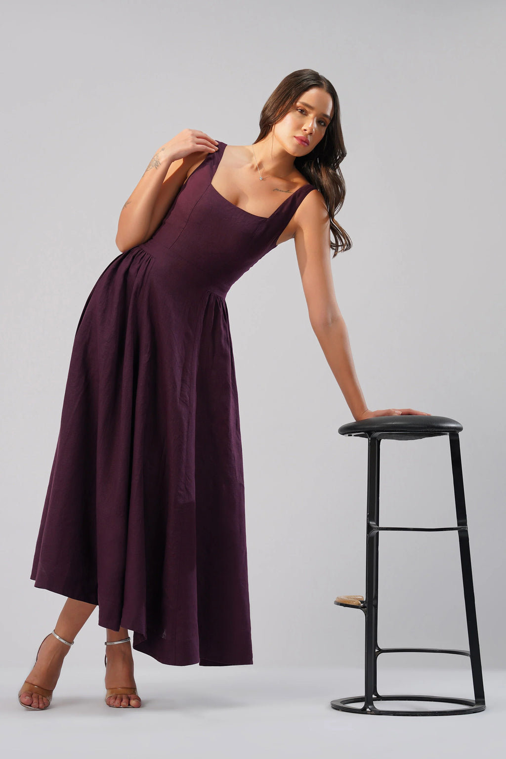 The Celeste Linen Occasion Dress Square Neck Sleeveless Full Length Linen Dress Open Scoop Back
