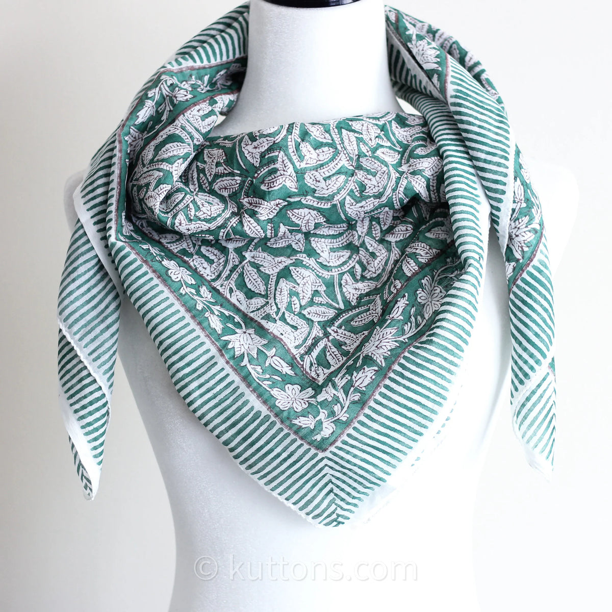 Sanganeri Hand Block Printed Mul Cotton Bandana Soft Lightweight Airy Scarf Green 46x42