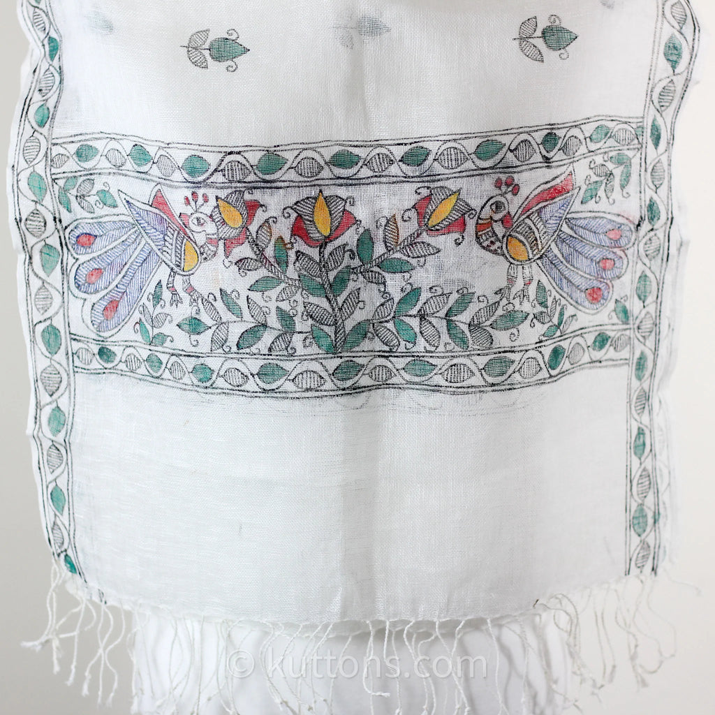Hand Painted Linen Wrap with Tassels Tribal Madhubani Motifs White Green Leaves 20x80