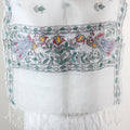 Hand Painted Linen Wrap with Tassels Tribal Madhubani Motifs White Green Leaves 20x80