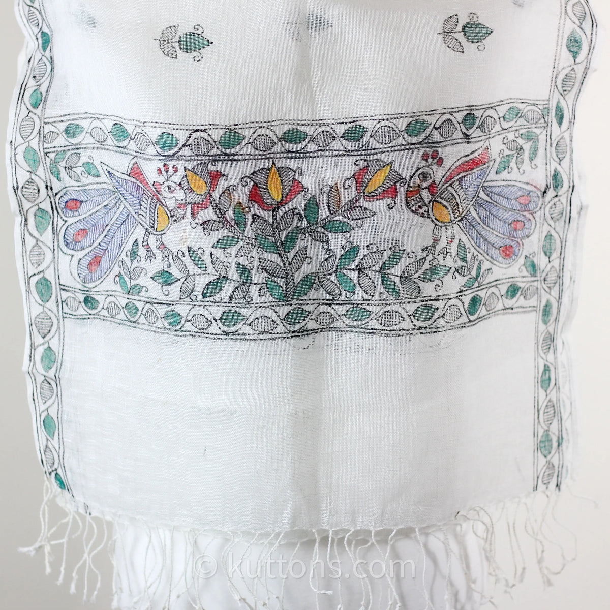 Hand Painted Linen Wrap with Tassels Tribal Madhubani Motifs White Green Leaves 20x80