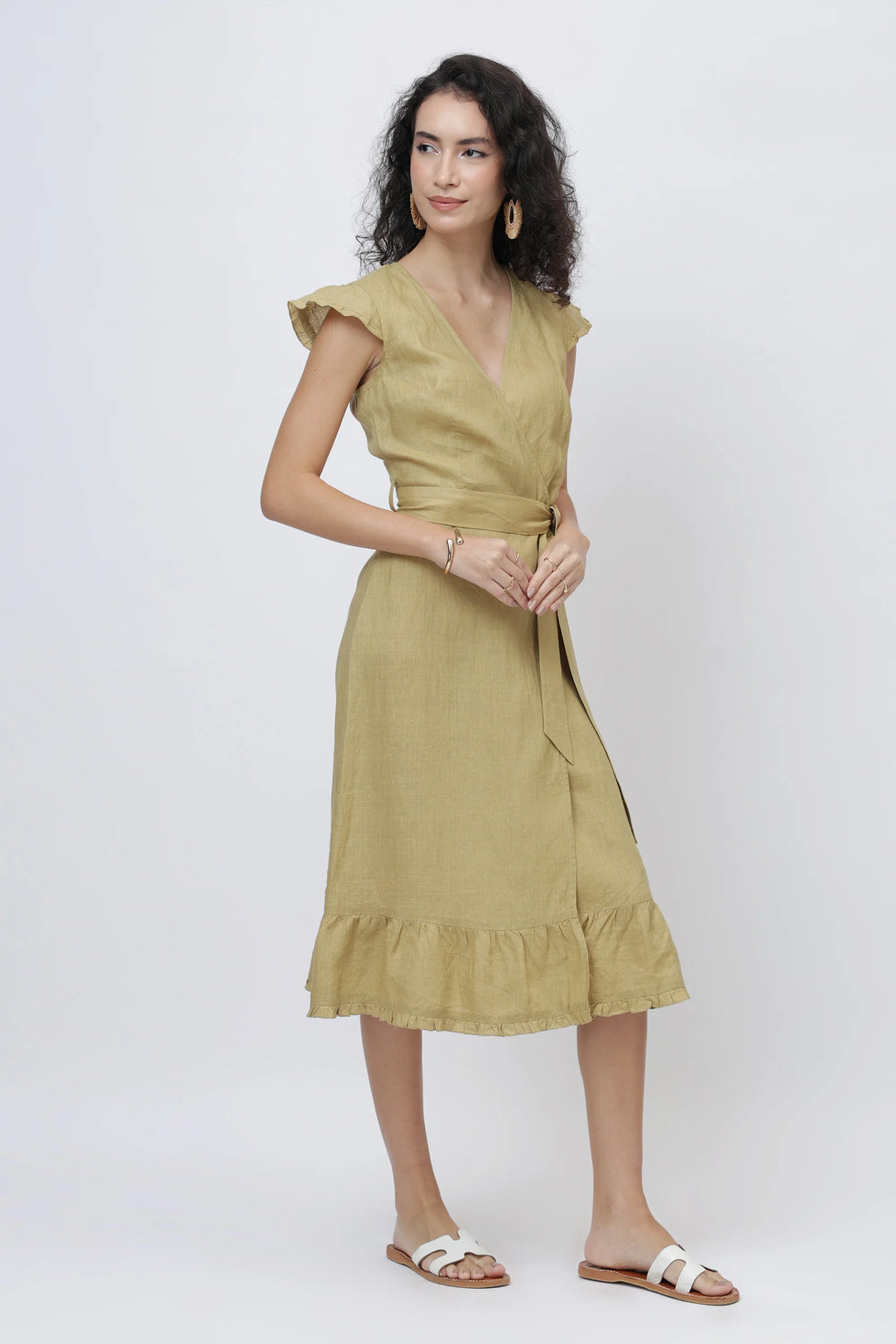 Flutter Sleeve Linen Wrap Midi Dress European Linen