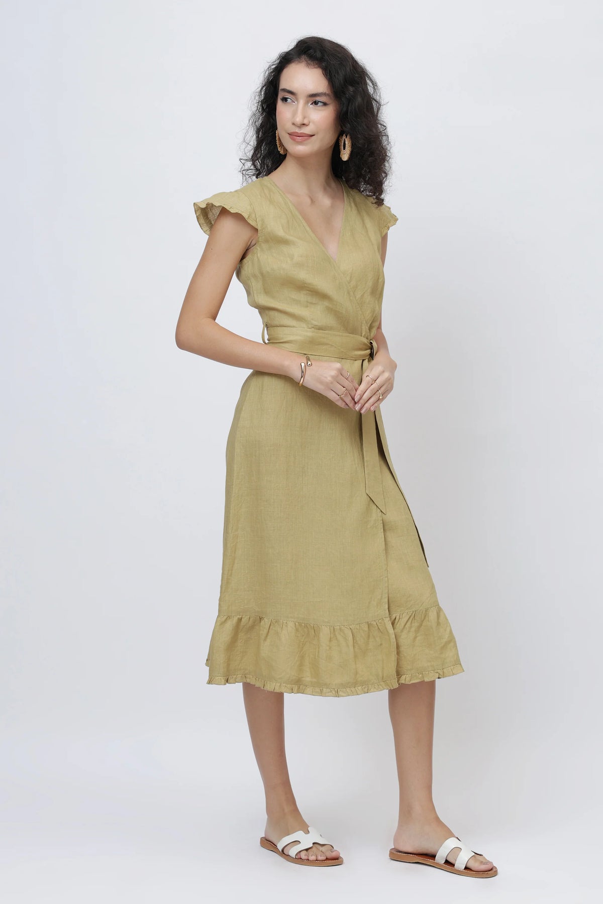Flutter Sleeve Linen Wrap Midi Dress European Linen