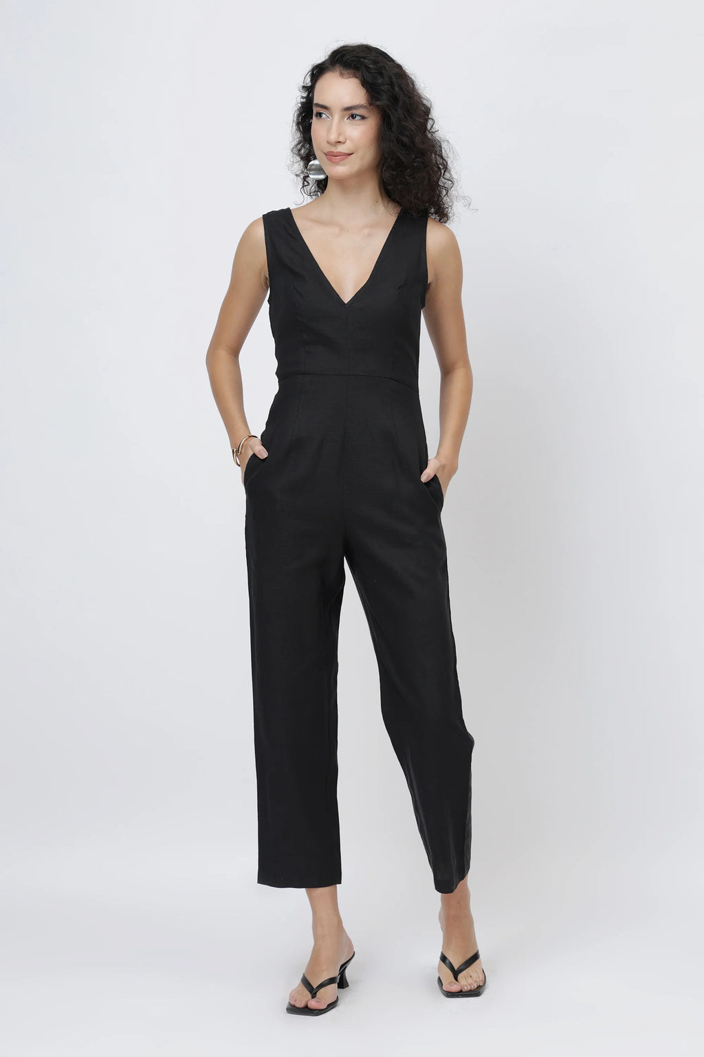 The Sculpted V Neck Linen Jumpsuit Pure European Linen