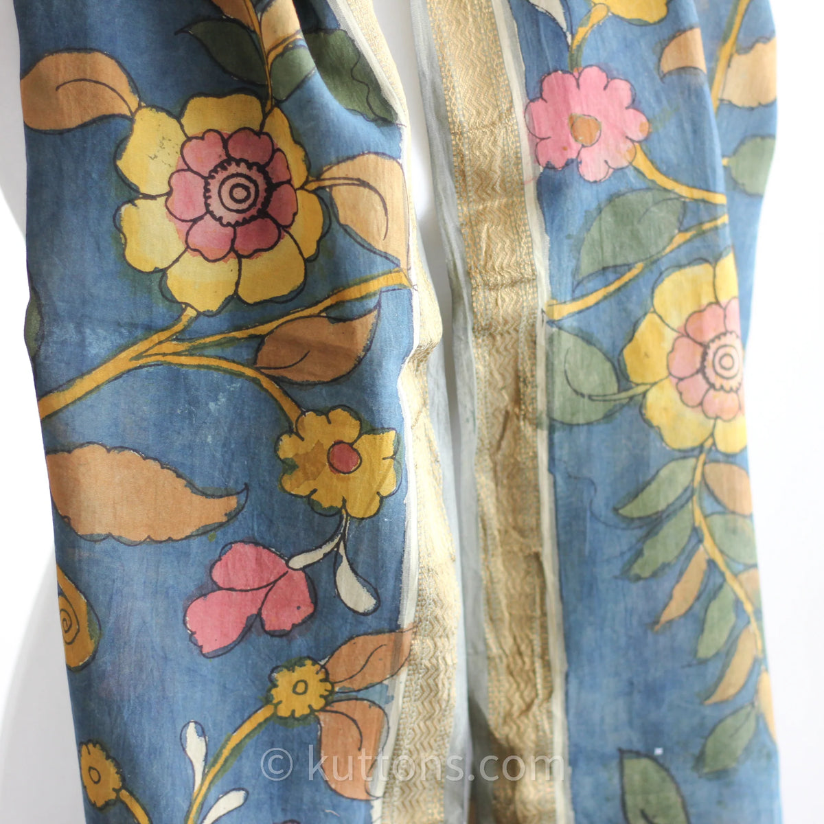 Ethnic Hand Painted Handwoven Kalamkari Chanderi Cotton Wrap Natural Colours Blue Yellow Stole 21x70
