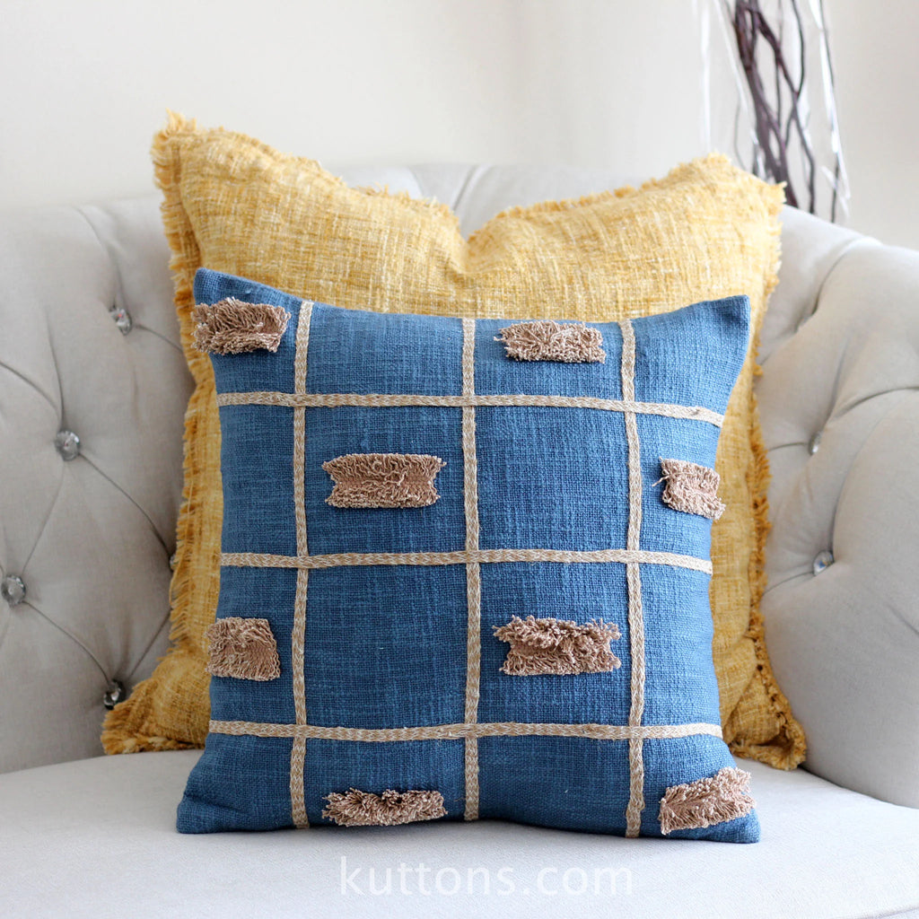 Handcrafted Square Box Cotton Jute Throw Pillow Cover Decorative Cushions Blue 16x16