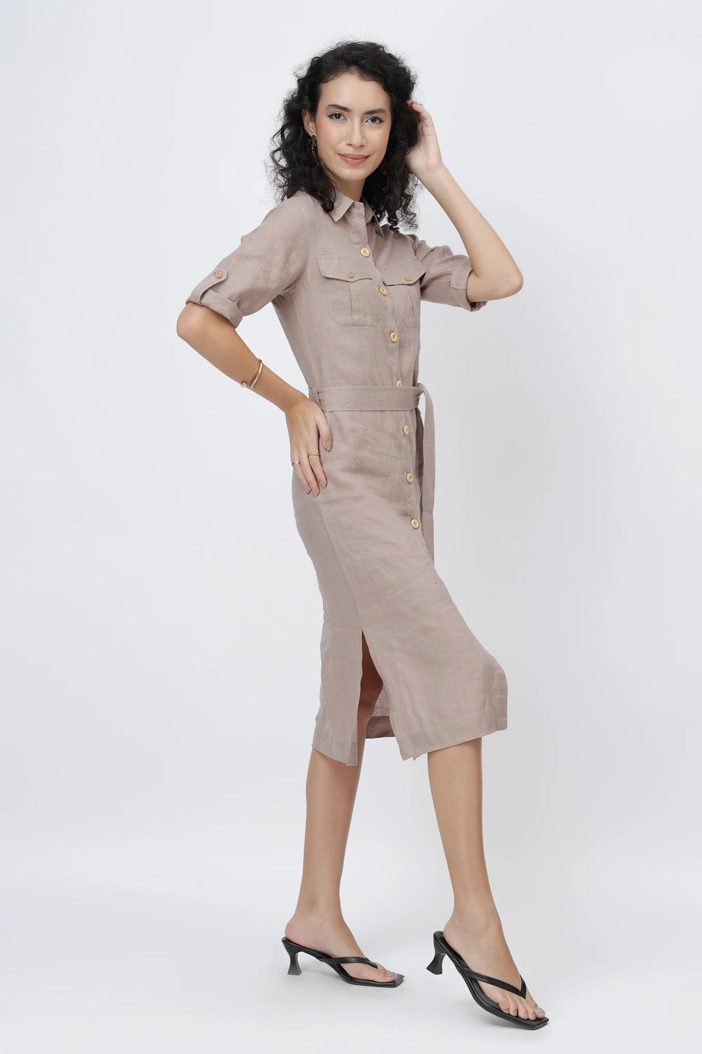 Tailored Linen Shirt Midi Dress Belted Shirt Dress