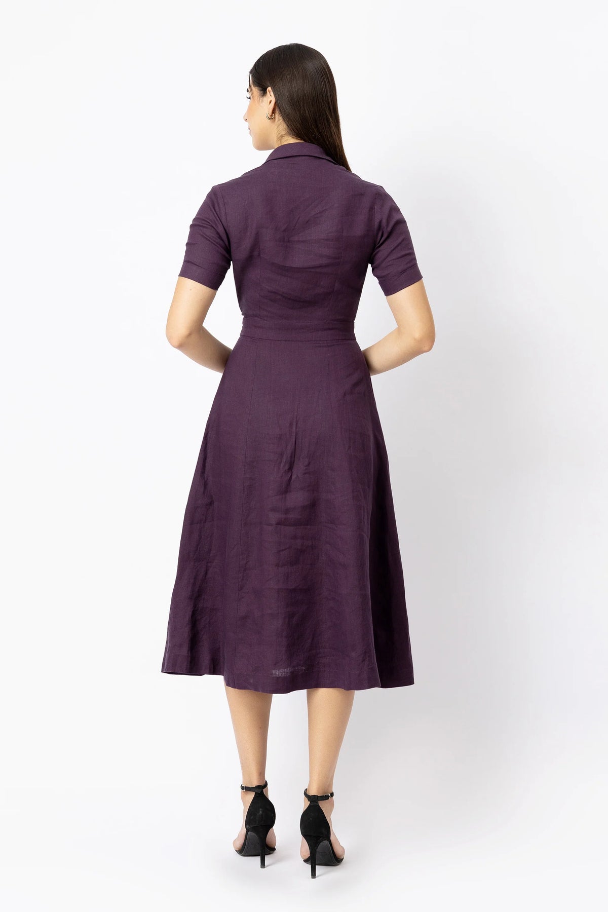 Linen Collared Wrap Style Midi Dress with Pleated Skirt