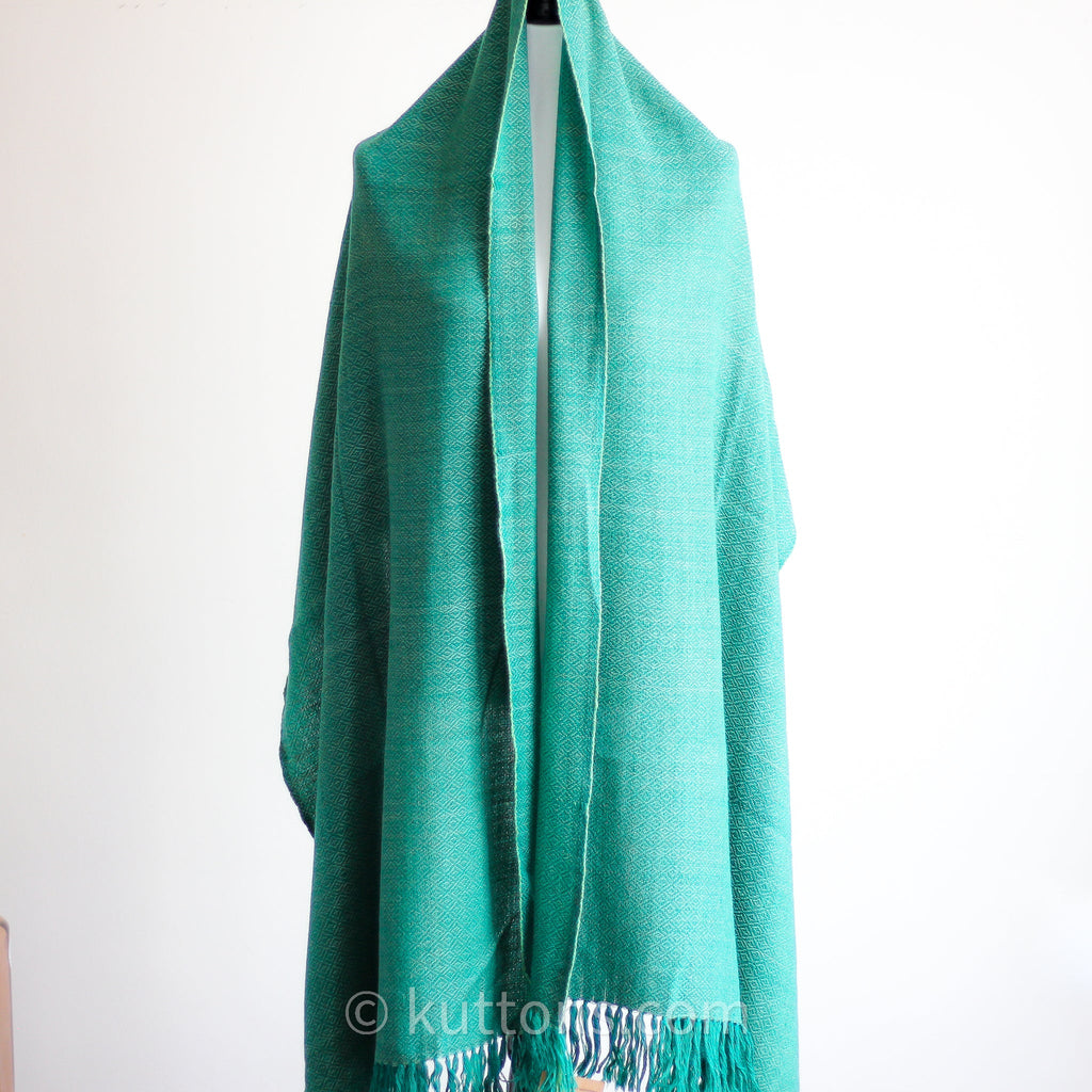 Naturally Dyed Handwoven Merino Wool Eri Silk Shawl Wrap Dyed with Tesu Flowers Indigo Green 25x84