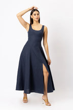 Linen Scoop Neck Maxi Dress with Side Slit