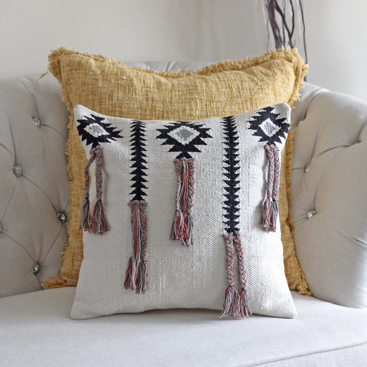 Boho Pillow Cover with Playful Long Tassels Handwoven 100 Cotton Cushion Cream 18x18