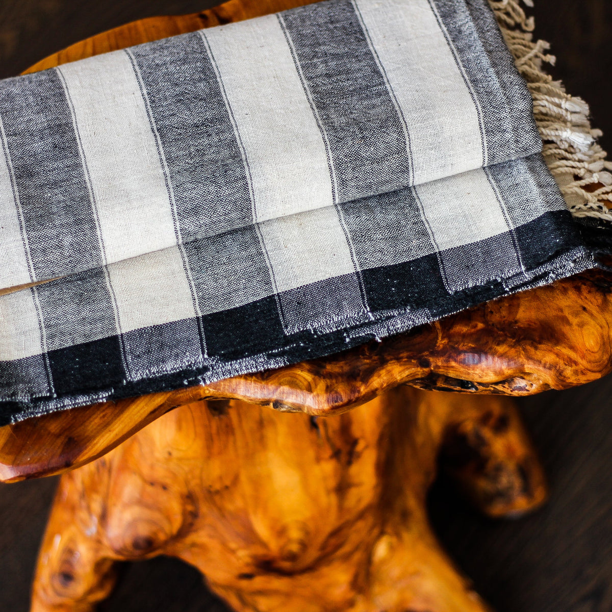 Handwoven Organic Kala Cotton Wrap with Tassels Genetically Pure Organic Cotton Scarf Cream Gray Stripes 23x89