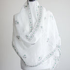 Hand Painted Linen Wrap with Tassels Tribal Madhubani Motifs White Green Leaves 20x80
