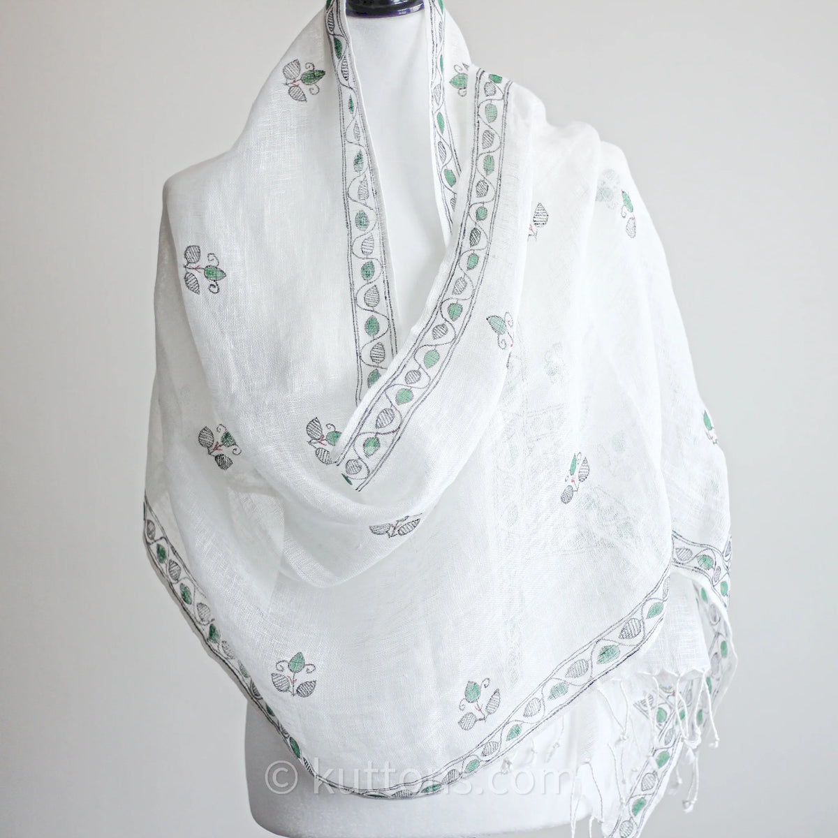 Hand Painted Linen Wrap with Tassels Tribal Madhubani Motifs White Green Leaves 20x80