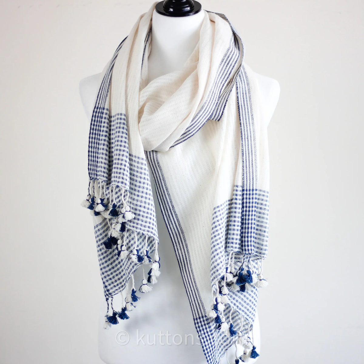 Organic Cotton Wrap Dyed with Natural Dyes Handspun Handwoven by Women Weavers White Blue 25x82