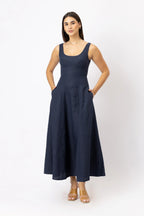Linen Scoop Neck Maxi Dress with Side Slit