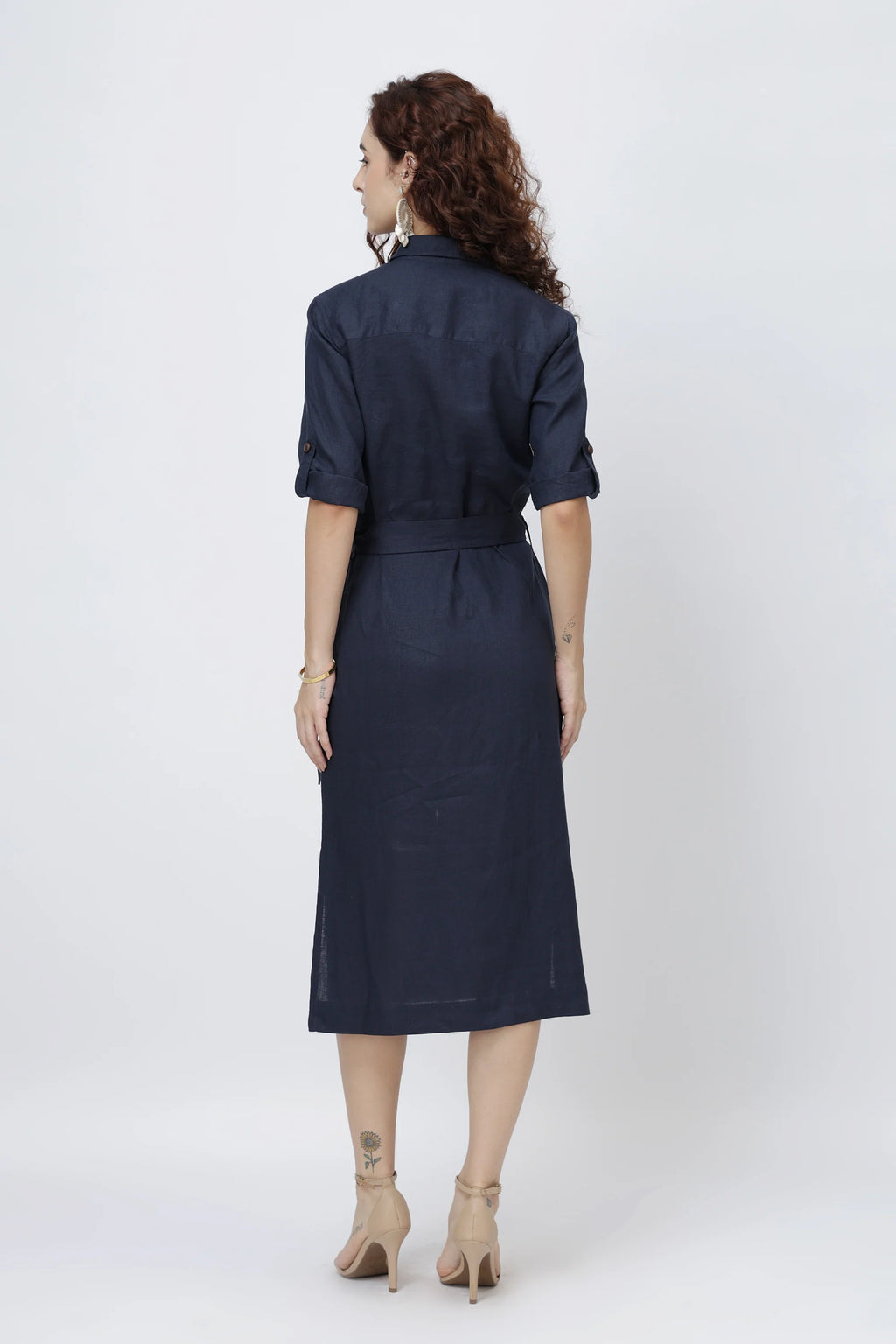 Tailored Linen Shirt Midi Dress Belted Shirt Dress