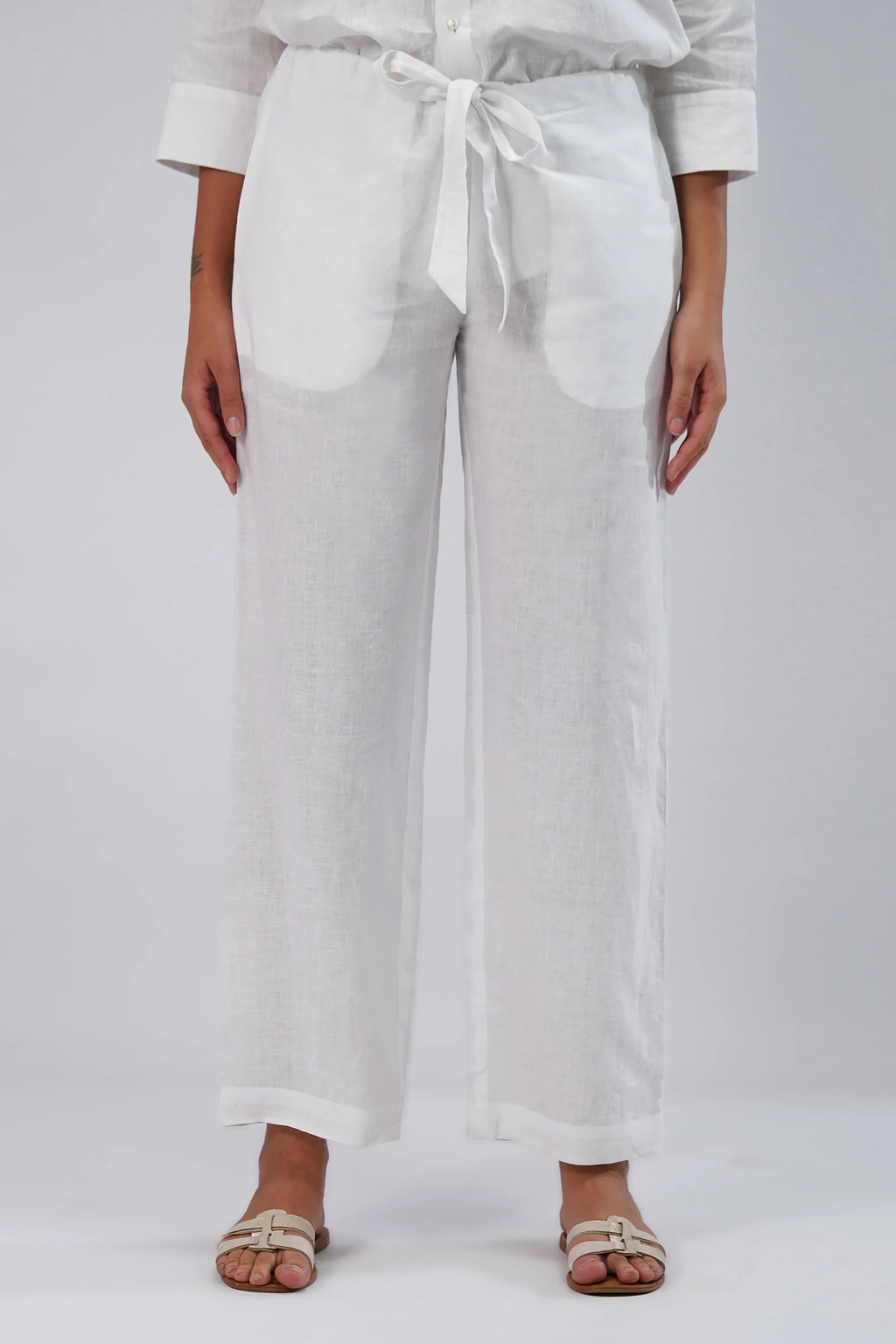 Linen Straight Leg Pants Adjustable Tie Waist Relaxed Fit