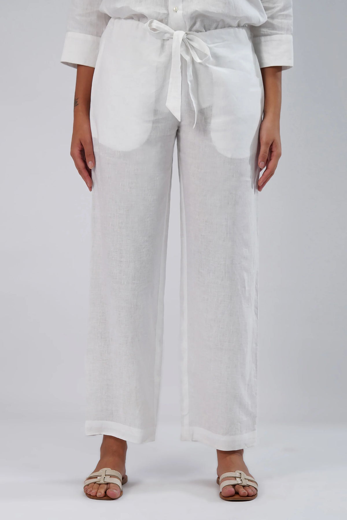 Linen Straight Leg Pants Adjustable Tie Waist Relaxed Fit