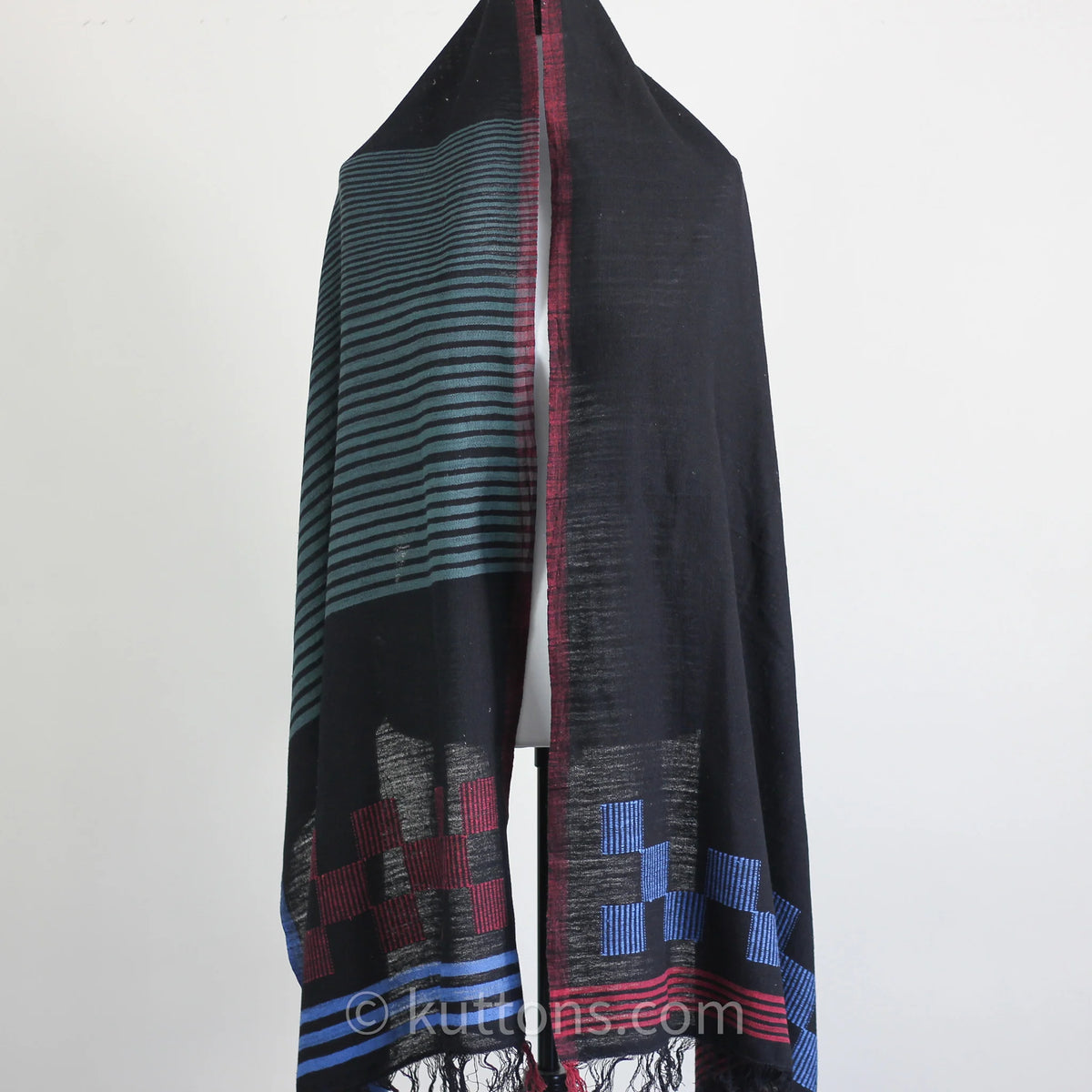 Handspun Handwoven Cotton Scarf with Frayed Edges Azo Free Vat Dyes Black Blue 24x82