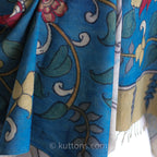 Ethnic Kalamkari Hand Painted Cotton Scarf Natural Colours Floral Blue 21x75