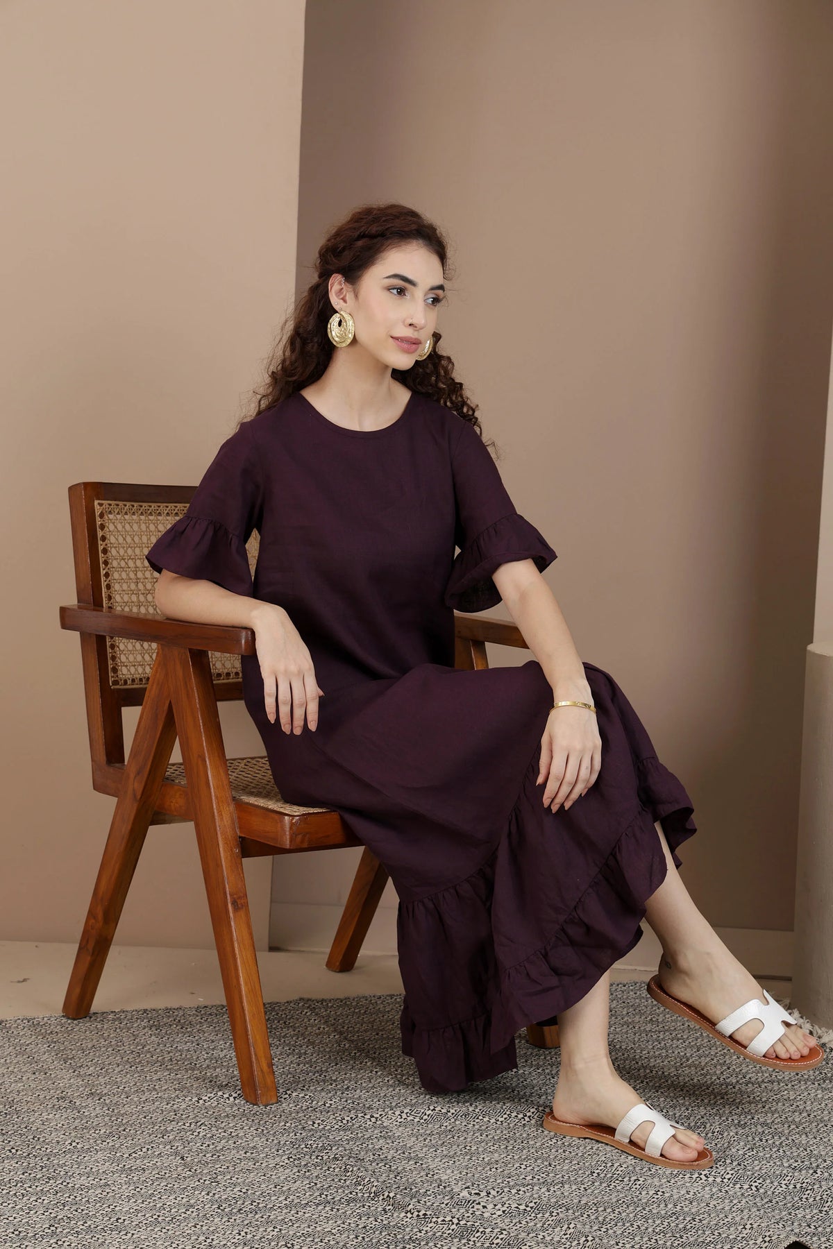 Ruffle Hem Linen Midi Dress Soft Flowing Midi
