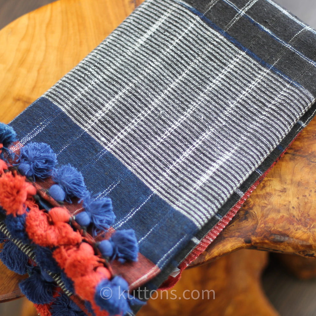 Eco Chic Elegance Handspun Handwoven Organic Cotton Scarf Dyed Naturally Empowering Women Weavers Blue Red 24x76