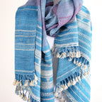 Handspun Handwoven Tussar Silk Merino Wool Shawl Wrap Blue Golden Brown 37x83
