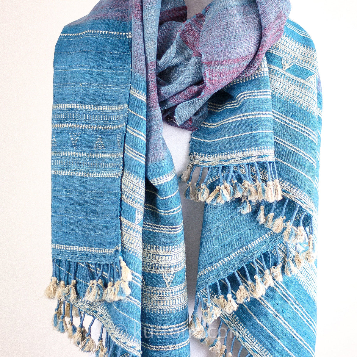 Handspun Handwoven Tussar Silk Merino Wool Shawl Wrap Blue Golden Brown 37x83