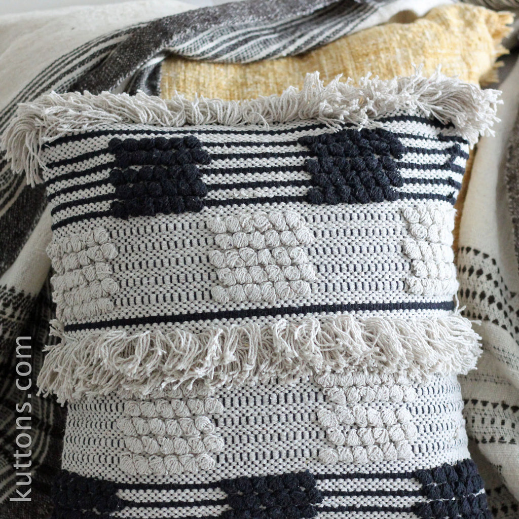 Hand Woven Boho Cotton Throw Pillow Cover Tufted Decorative Cushion Black White 18x18
