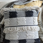 Hand Woven Boho Cotton Throw Pillow Cover Tufted Decorative Cushion Black White 18x18