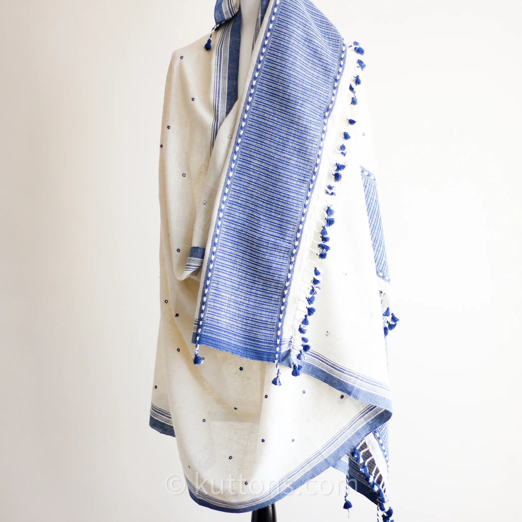 Handspun Handwoven Organic Cotton Shawl with Embroidered Mirrors 100 Organic Kala Cotton Wrap Cream Blue 40x96