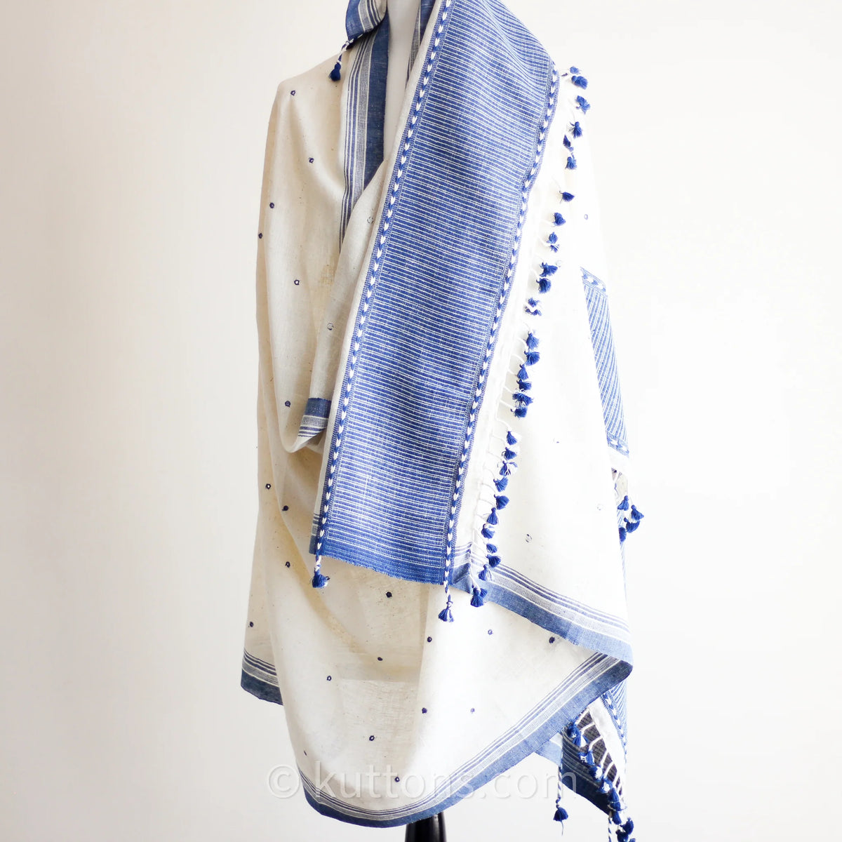 Handspun Handwoven Organic Cotton Shawl with Embroidered Mirrors 100 Organic Kala Cotton Wrap Cream Blue 40x96