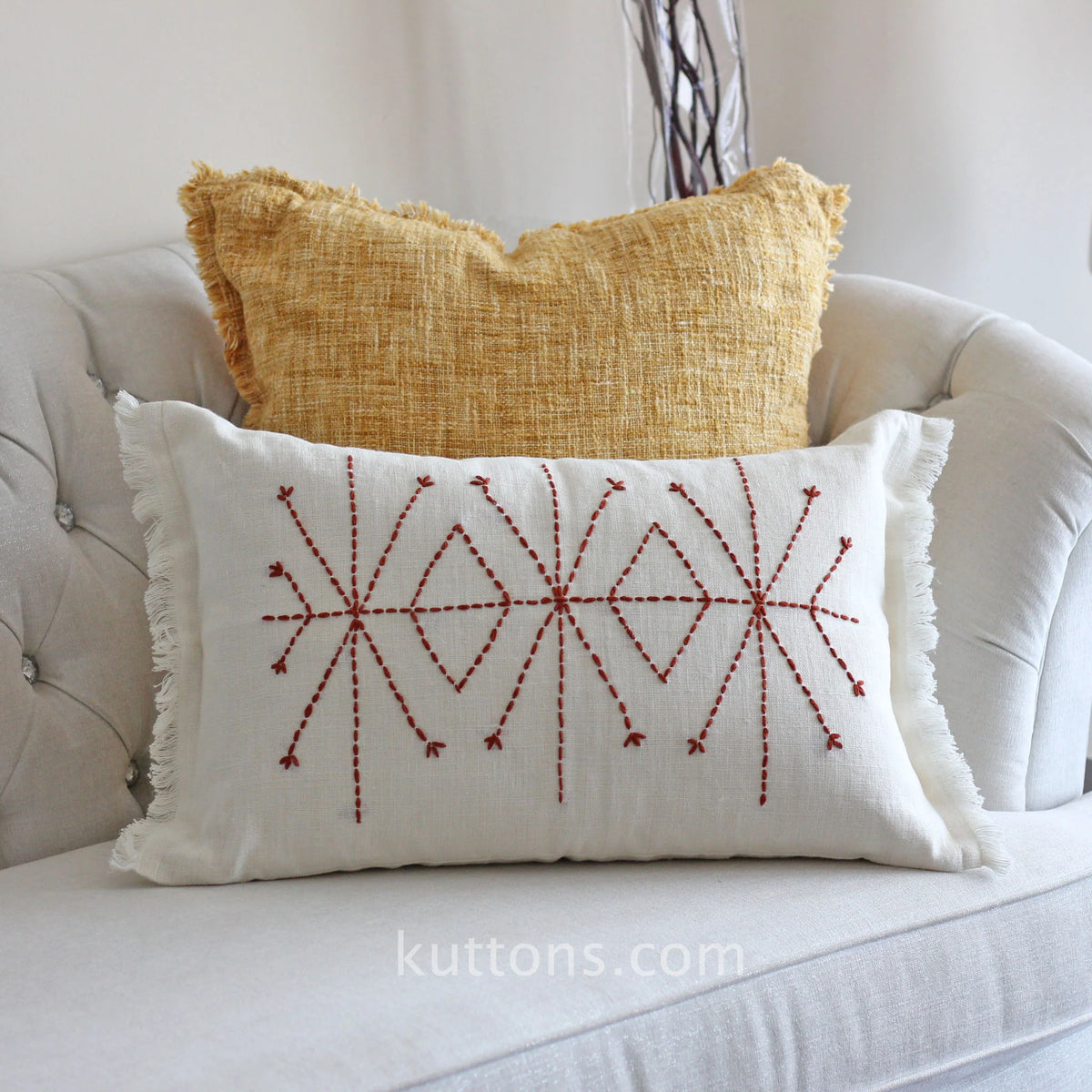Hand Embroidered 100 Linen Gauze Pillow Cover Fringed Edges Handmade 16x24