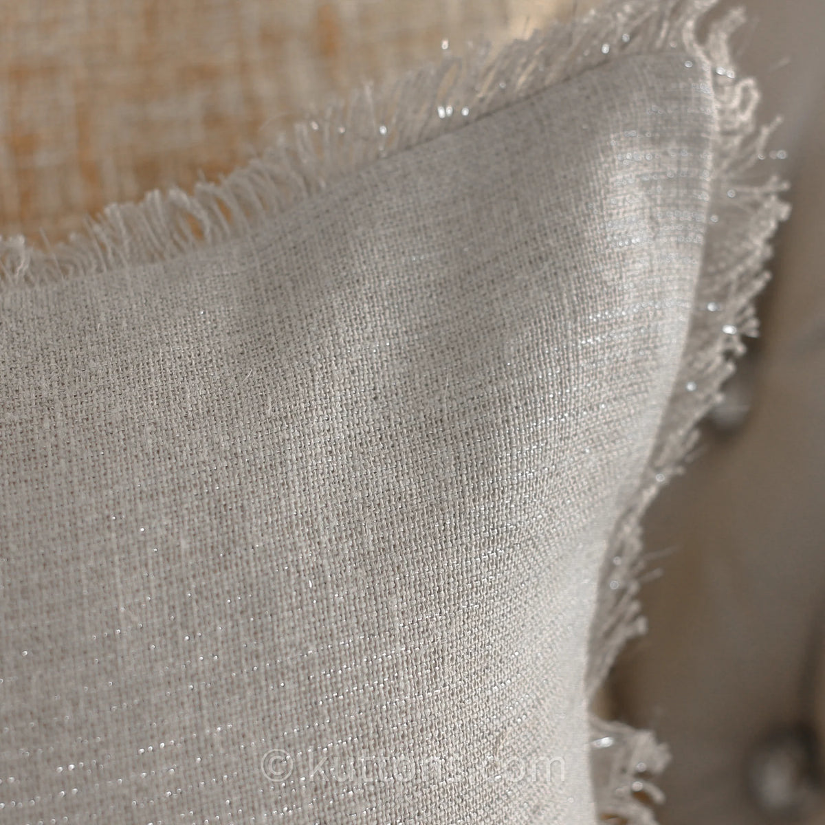 Handmade Linen Cushion Cover With Shiny Lurex Fringes Cream 20x20