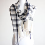 Handwoven Organic Kala Cotton Wrap with Tassels Genetically Pure Organic Cotton Scarf Cream Gray Stripes 23x89