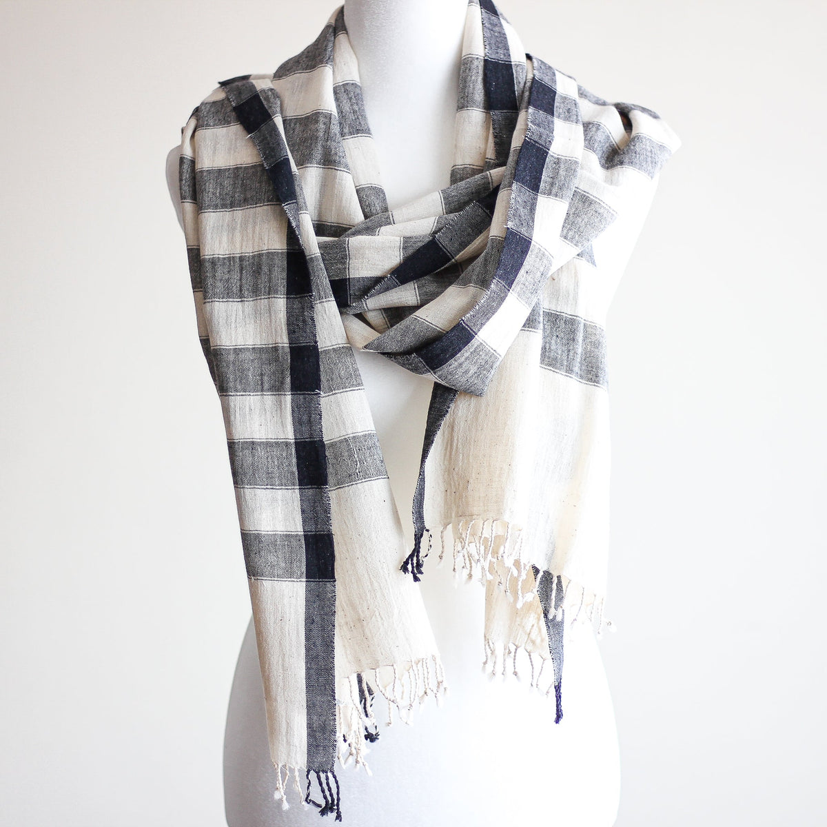 Handwoven Organic Kala Cotton Wrap with Tassels Genetically Pure Organic Cotton Scarf Cream Gray Stripes 23x89