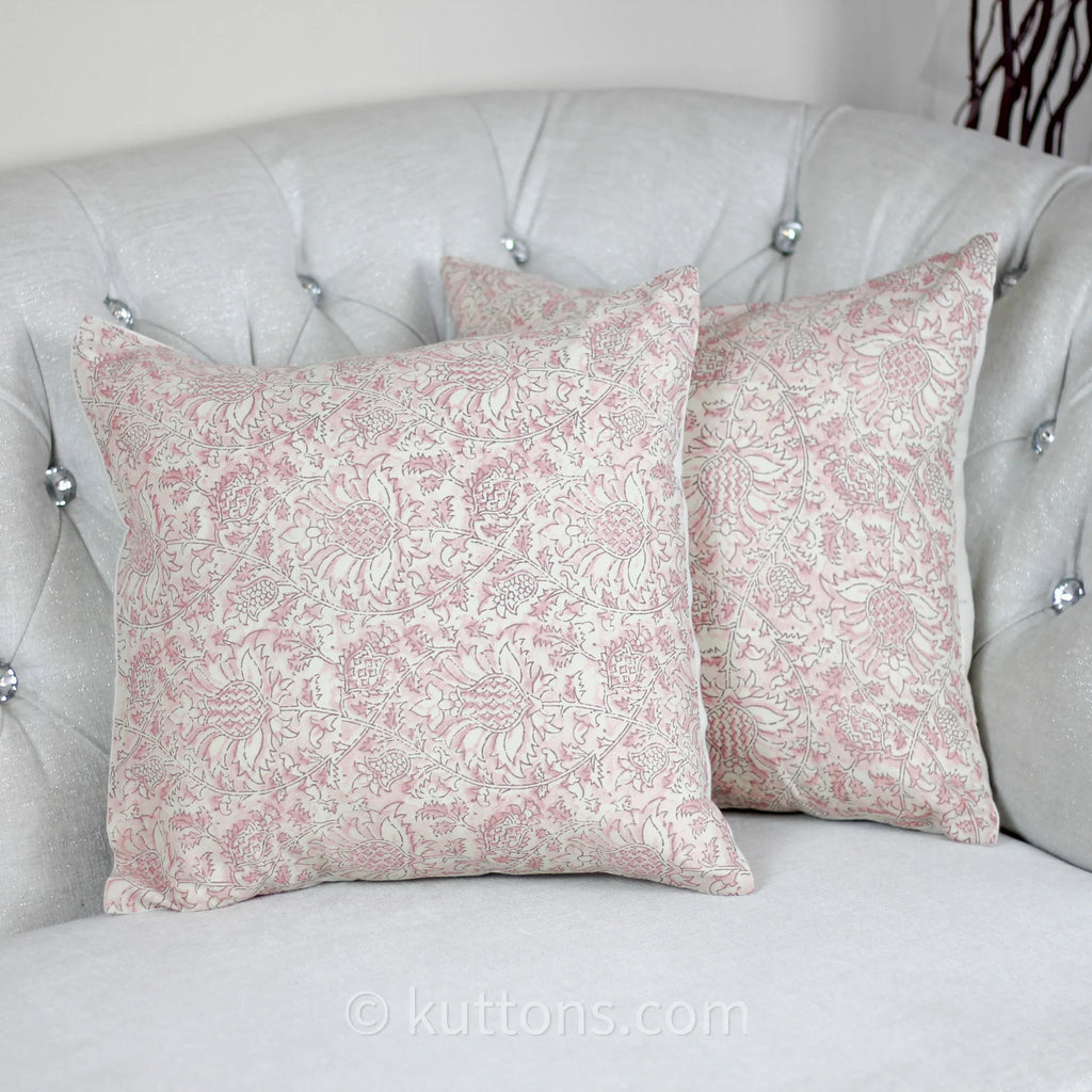Floral Printed Cotton Cushion Cover Cream Pink 16x16 Set of 2