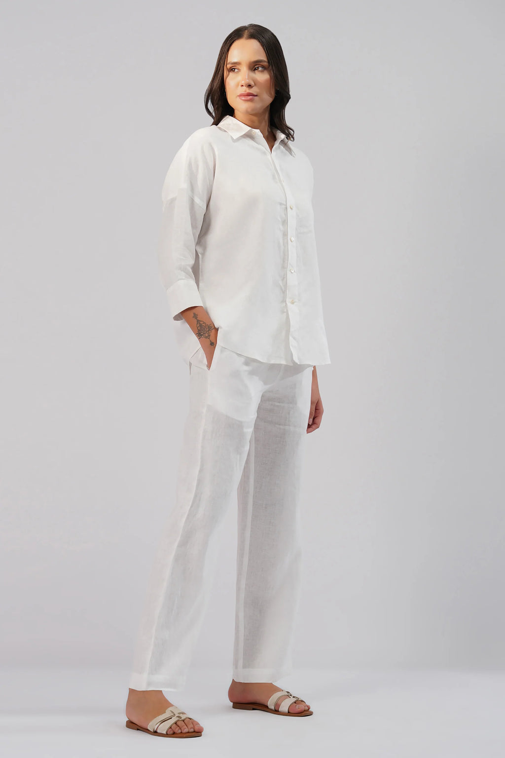 Relaxed Fit Linen Shirt with Wrap Styling Detail Drop Shoulders