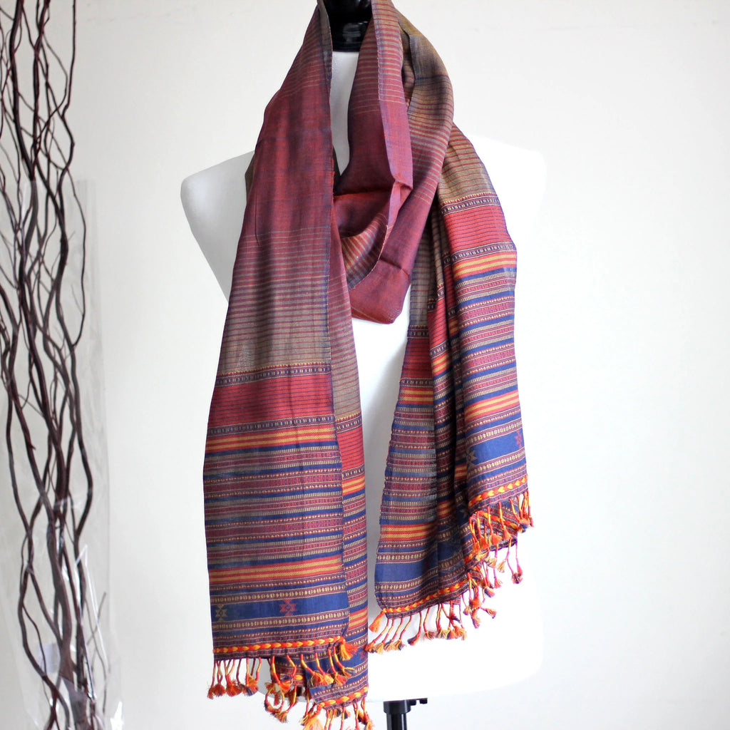 Handwoven Cotton Stole Wrap with Tassels Maroon Golden Brown Olive 23x84