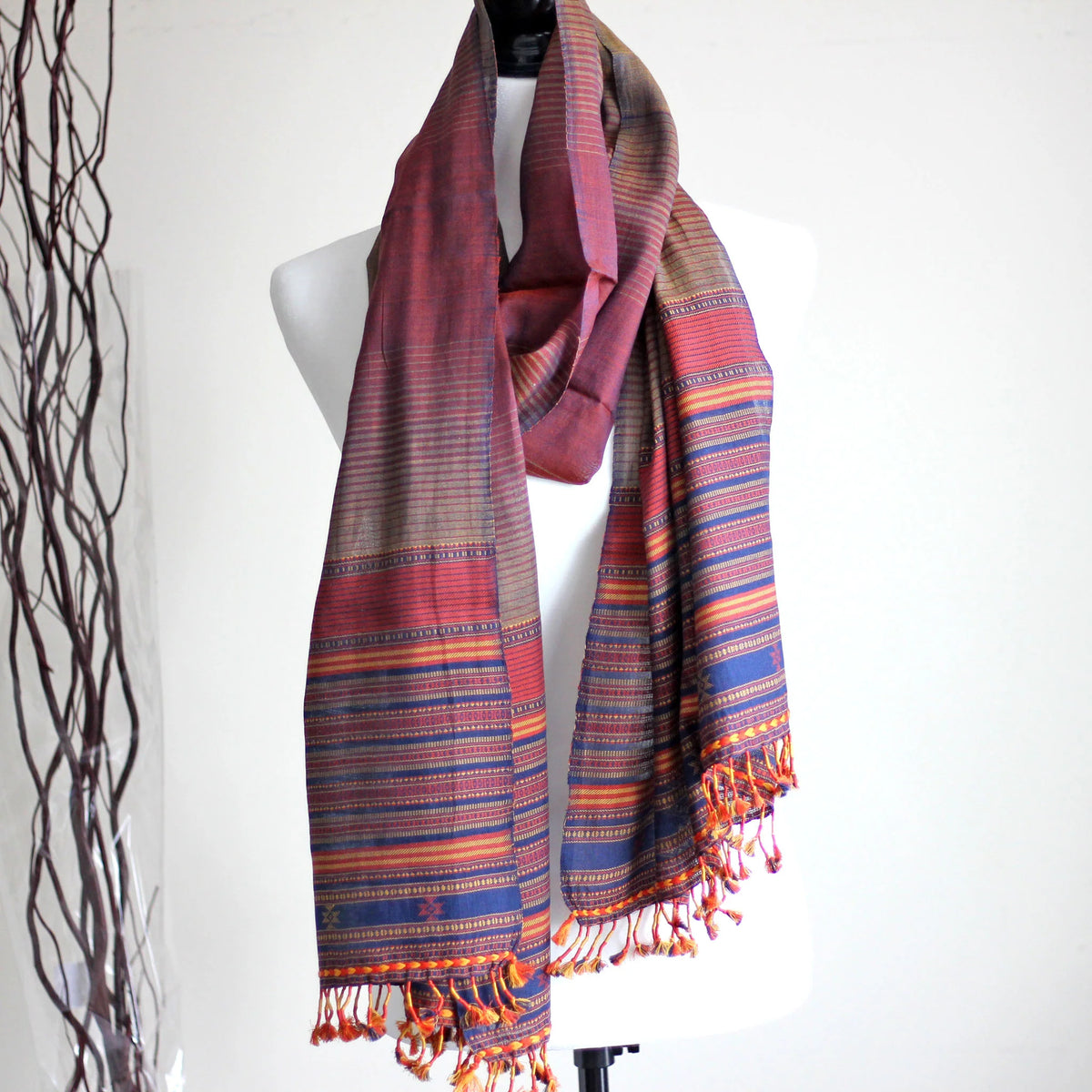 Handwoven Cotton Stole Wrap with Tassels Maroon Golden Brown Olive 23x84
