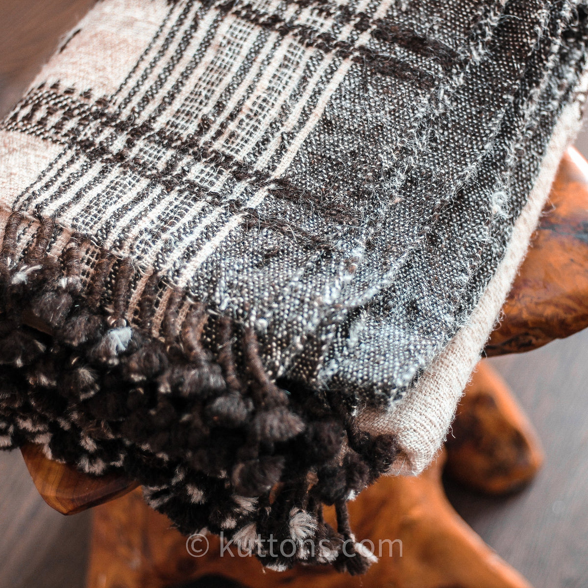 Nomadic Tribal Wrap Throw Handspun Handwoven Bhujodi Raw Wool Shawl Cream 36x84