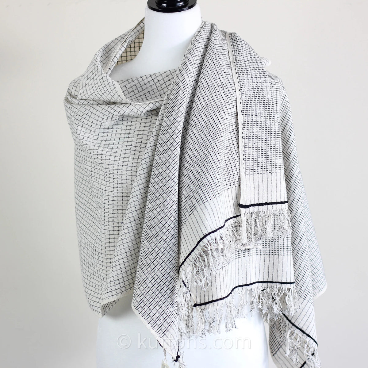 Handspun Handwoven Cotton Scarf Sustainable Fashion Stole by Women Artisans White Gray 23x77