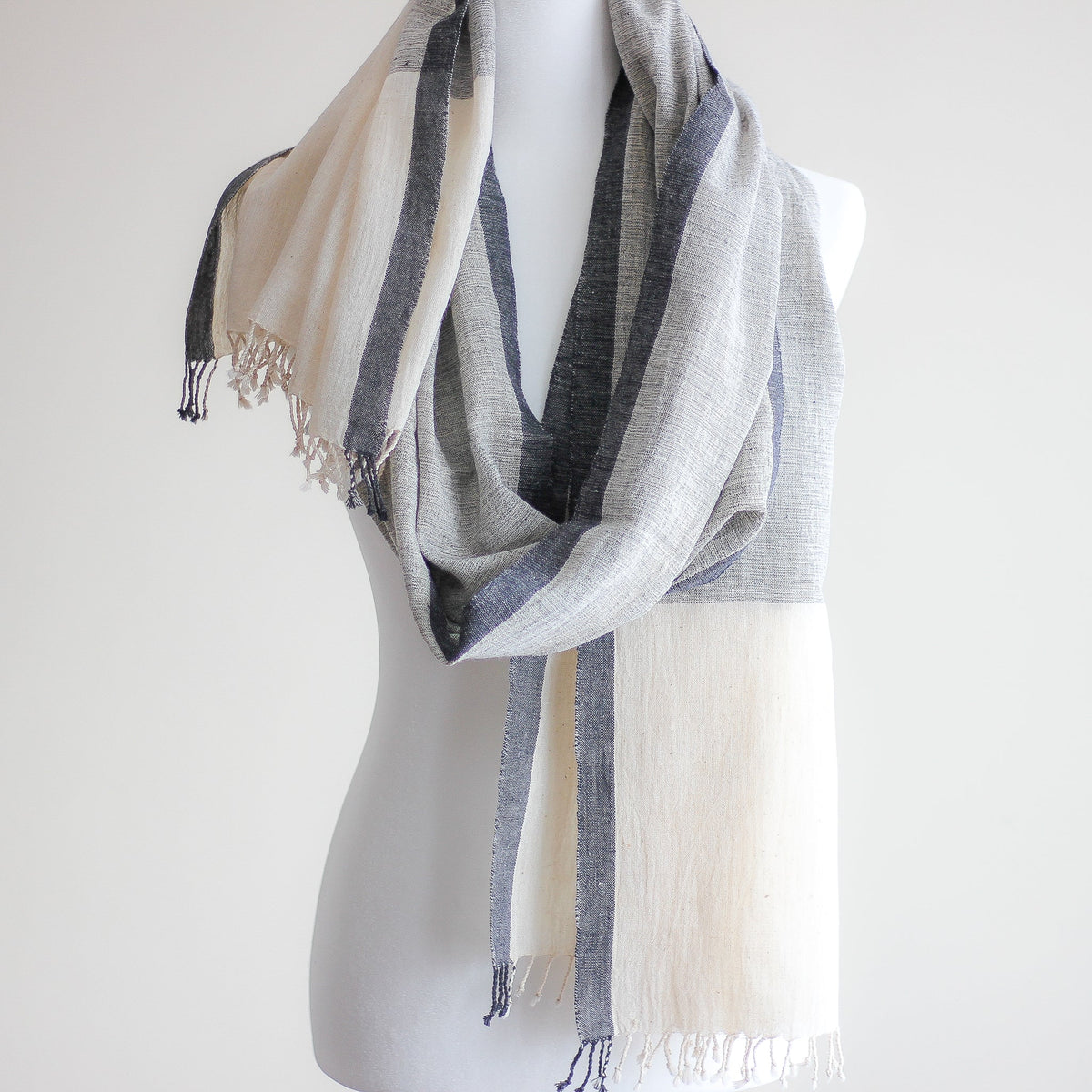 Organic Kala Cotton Wrap with Tassels Handwoven Genetically Pure Organic Cotton Scarf Cream Gray 23x84