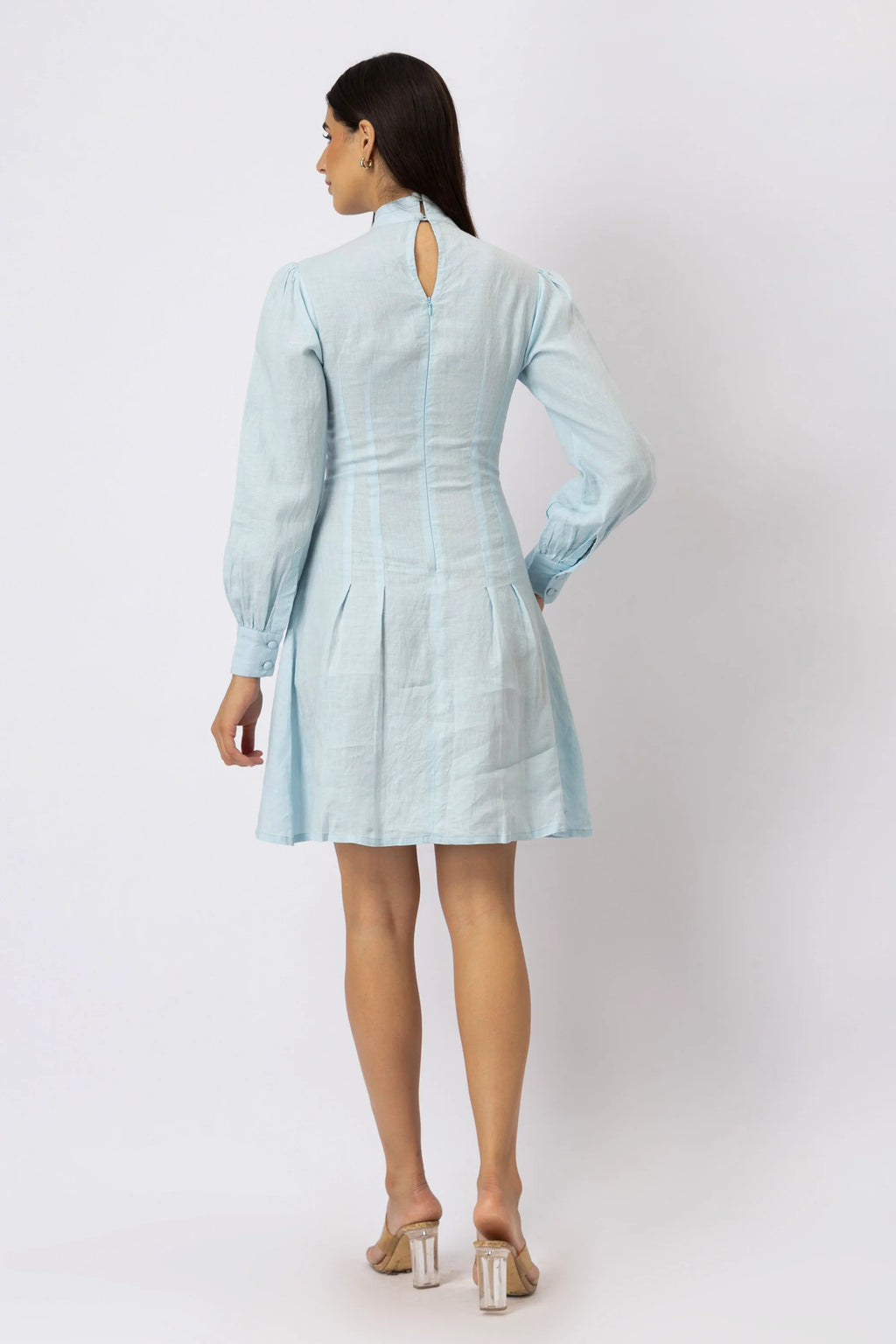 Mock Neck Pleated Mini Dress in European Linen