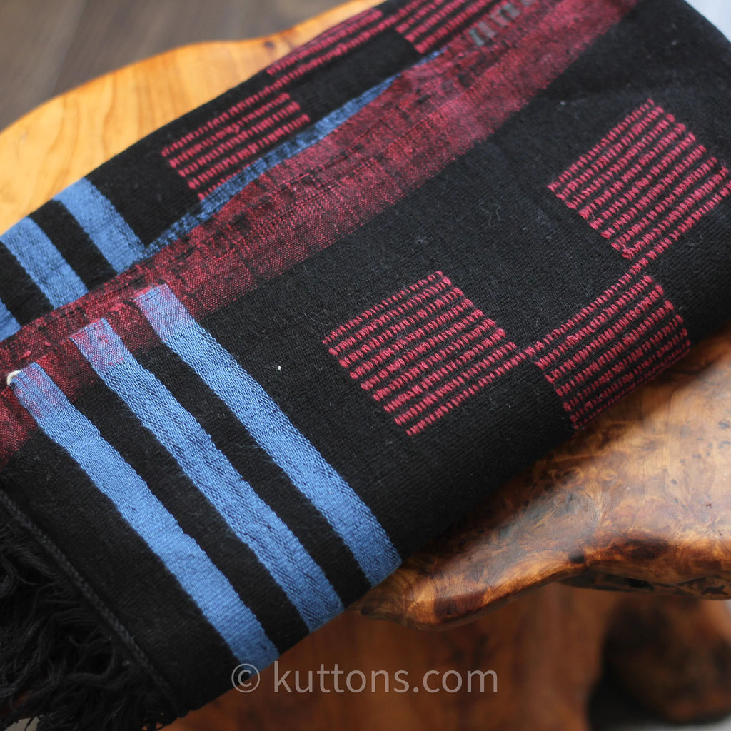 Handspun Handwoven Cotton Scarf with Frayed Edges Azo Free Vat Dyes Black Blue 24x82