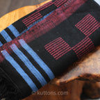 Handspun Handwoven Cotton Scarf with Frayed Edges Azo Free Vat Dyes Black Blue 24x82